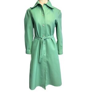 Sakowitz Vintage Trench Coat Jacket Sea Foam Green Vinyl Size 10 Belted Dagger